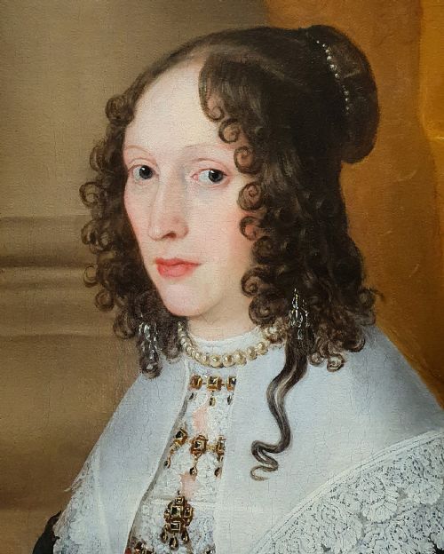 PORTRAIT OF A LADY HOLDING A LEMON WITH LANDSCAPE BEYOND C1640 ANTIQUE OIL ON CANVAS CIRCLE OF EDWARD BOWER 15971667 - ADDITIONAL PHOTO 5