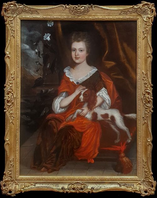 portrait of a young girl with a spaniel c1695 attributed to johannes verelst 16481734 - CATEGORY: ANTIQUE ART - DATED 17TH CENTURY