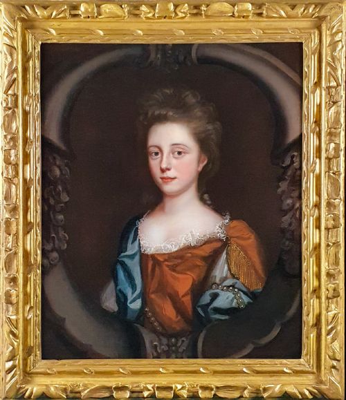portrait of a young lady in russet dress with blue wrap c1680s circle or studio of mary beale 16321699 oil on canvas painting - CATEGORY: ANTIQUE ART - DATED 17TH CENTURY