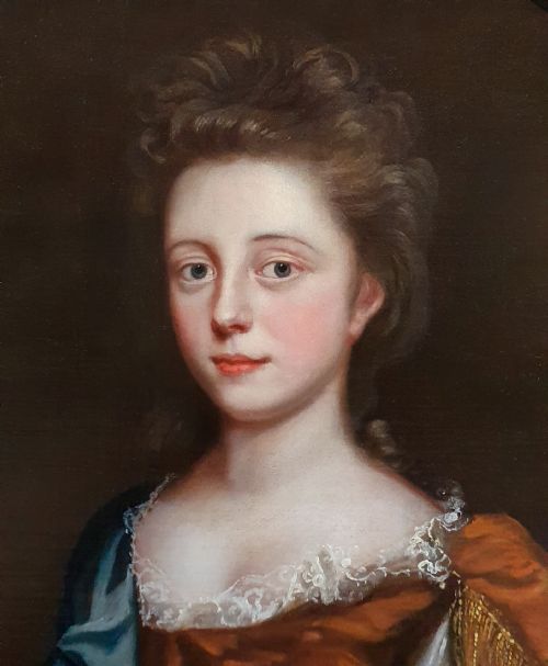PORTRAIT OF A YOUNG LADY IN RUSSET DRESS WITH BLUE WRAP C1680S CIRCLE OR STUDIO OF MARY BEALE 16321699 OIL ON CANVAS PAINTING - ADDITIONAL PHOTO 5