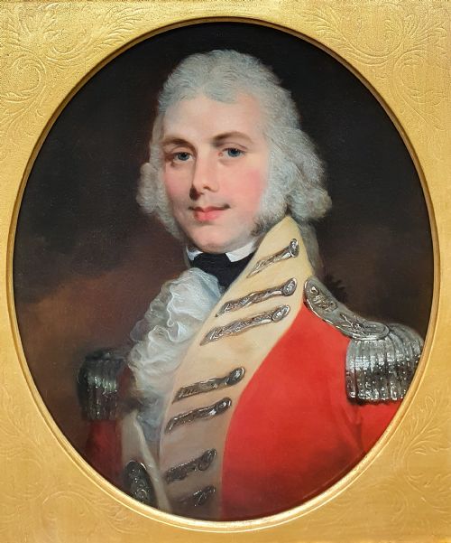 portrait of a british officer in a scarlet uniform c1805 circle of sir william beechey ra 17531839 antique oil on canvas painting - CATEGORY: ANTIQUE ART - DATED 1800