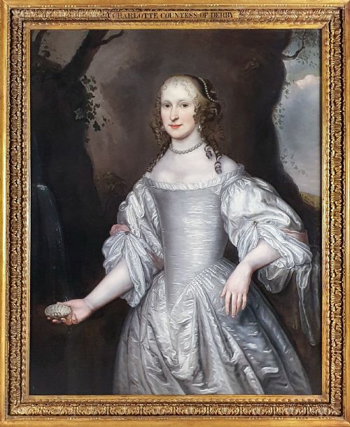 portrait of charlotte stanley countess of derby 15991664 c1648 signed by j de langhe active 16741693 antique oil on canvas painting - CATEGORY: ANTIQUE ART - DATED 17TH CENTURY