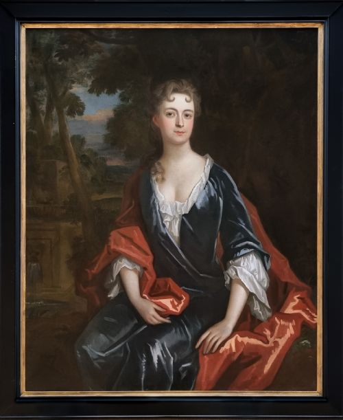 EARL MOUNTBATTEN COLLECTION C1705 PORTRAIT OF A LADY BY A FOUNTAIN CIRCLE OF SIR GODFREY KNELLER ANTIQUE OIL ON CANVAS PAINTING - ADDITIONAL PHOTO 1