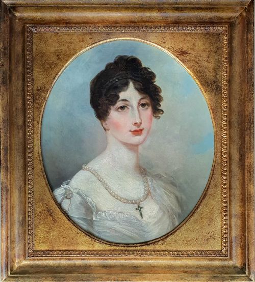 PORTRAIT OF A LADY IN A WHITE DRESS WITH PEARL JEWELLERY C1820 FOLLOWER OF HENRY WYATT 17941840 OIL ON CANVAS PAINTING - ADDITIONAL PHOTO 1