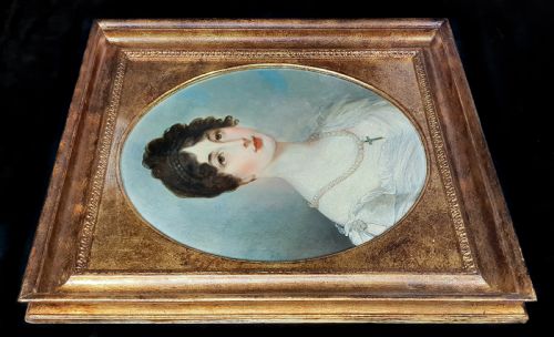 PORTRAIT OF A LADY IN A WHITE DRESS WITH PEARL JEWELLERY C1820 FOLLOWER OF HENRY WYATT 17941840 OIL ON CANVAS PAINTING - ADDITIONAL PHOTO 2