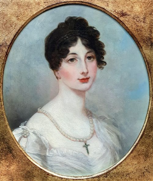 PORTRAIT OF A LADY IN A WHITE DRESS WITH PEARL JEWELLERY C1820 FOLLOWER OF HENRY WYATT 17941840 OIL ON CANVAS PAINTING - ADDITIONAL PHOTO 3