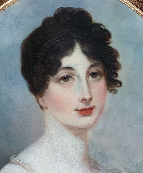 PORTRAIT OF A LADY IN A WHITE DRESS WITH PEARL JEWELLERY C1820 FOLLOWER OF HENRY WYATT 17941840 OIL ON CANVAS PAINTING - ADDITIONAL PHOTO 5
