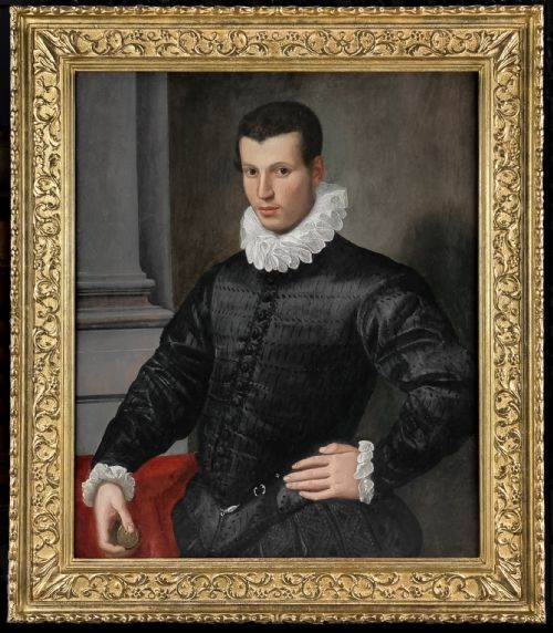 portrait of a gentleman in a black doublet holding a medallion c157580 florentine school antique oil on panel painting - CATEGORY: ANTIQUE ART - DATED 16TH CENTURY