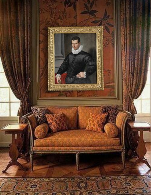 PORTRAIT OF A GENTLEMAN IN A BLACK DOUBLET HOLDING A MEDALLION C157580 FLORENTINE SCHOOL ANTIQUE OIL ON PANEL PAINTING - ADDITIONAL PHOTO 3