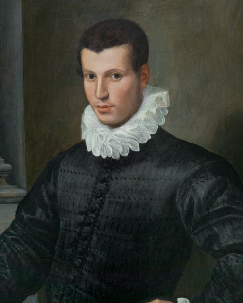 PORTRAIT OF A GENTLEMAN IN A BLACK DOUBLET HOLDING A MEDALLION C157580 FLORENTINE SCHOOL ANTIQUE OIL ON PANEL PAINTING - ADDITIONAL PHOTO 5