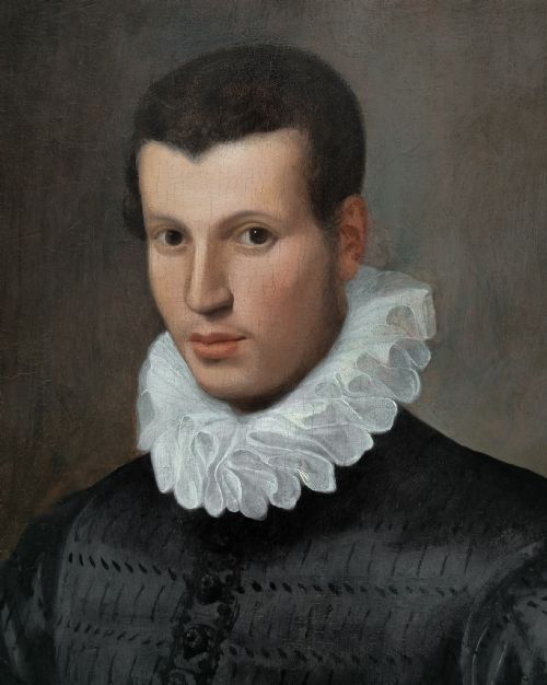 PORTRAIT OF A GENTLEMAN IN A BLACK DOUBLET HOLDING A MEDALLION C157580 FLORENTINE SCHOOL ANTIQUE OIL ON PANEL PAINTING - ADDITIONAL PHOTO 7