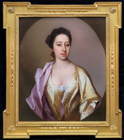 portrait of a lady in a yellow silk dress and purple mantle c1710 by michael dahl 16591743 antique oil on canvas painting - CATEGORY: ANTIQUE ART - DATED 18TH CENTURY
