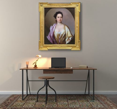 PORTRAIT OF A LADY IN A YELLOW SILK DRESS AND PURPLE MANTLE C1710 BY MICHAEL DAHL 16591743 ANTIQUE OIL ON CANVAS PAINTING - ADDITIONAL PHOTO 3
