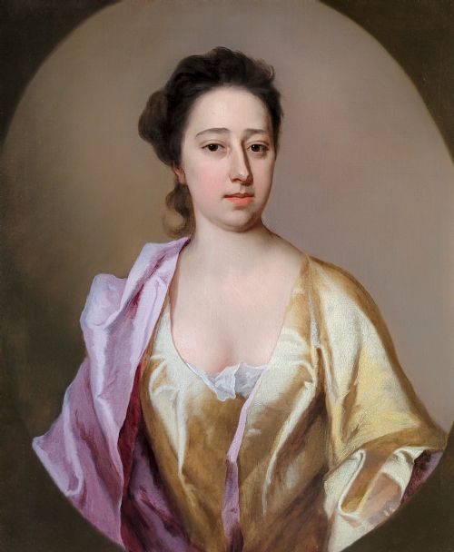 PORTRAIT OF A LADY IN A YELLOW SILK DRESS AND PURPLE MANTLE C1710 BY MICHAEL DAHL 16591743 ANTIQUE OIL ON CANVAS PAINTING - ADDITIONAL PHOTO 4