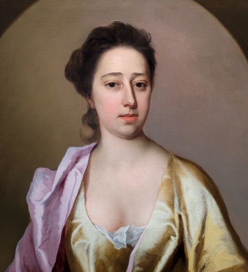 PORTRAIT OF A LADY IN A YELLOW SILK DRESS AND PURPLE MANTLE C1710 BY MICHAEL DAHL 16591743 ANTIQUE OIL ON CANVAS PAINTING - ADDITIONAL PHOTO 5