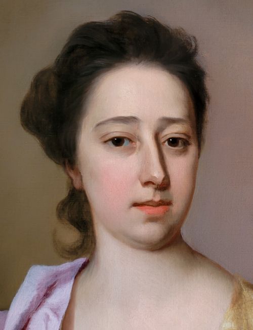 PORTRAIT OF A LADY IN A YELLOW SILK DRESS AND PURPLE MANTLE C1710 BY MICHAEL DAHL 16591743 ANTIQUE OIL ON CANVAS PAINTING - ADDITIONAL PHOTO 6