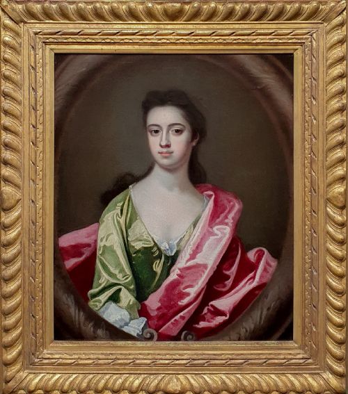 portrait of a lady in a green silk dress c1710 circle of michael dahl 16571743 antique oil on canvas painting - CATEGORY: ANTIQUE ART - DATED 17TH CENTURY