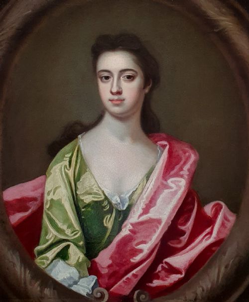 PORTRAIT OF A LADY IN A GREEN SILK DRESS C1710 CIRCLE OF MICHAEL DAHL 16571743 ANTIQUE OIL ON CANVAS PAINTING - ADDITIONAL PHOTO 2