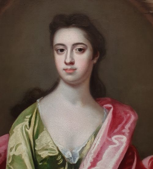 PORTRAIT OF A LADY IN A GREEN SILK DRESS C1710 CIRCLE OF MICHAEL DAHL 16571743 ANTIQUE OIL ON CANVAS PAINTING - ADDITIONAL PHOTO 3