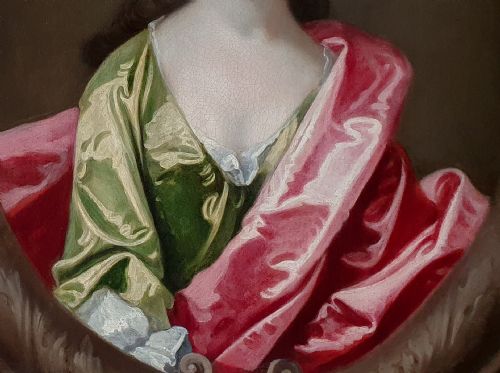 PORTRAIT OF A LADY IN A GREEN SILK DRESS C1710 CIRCLE OF MICHAEL DAHL 16571743 ANTIQUE OIL ON CANVAS PAINTING - ADDITIONAL PHOTO 4