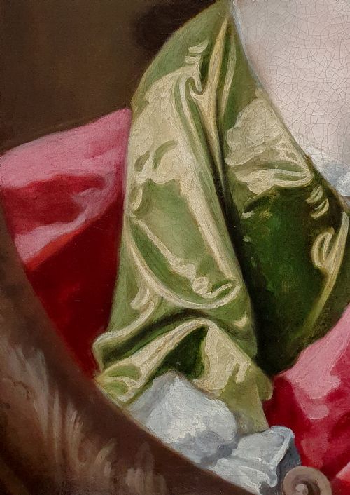PORTRAIT OF A LADY IN A GREEN SILK DRESS C1710 CIRCLE OF MICHAEL DAHL 16571743 ANTIQUE OIL ON CANVAS PAINTING - ADDITIONAL PHOTO 5