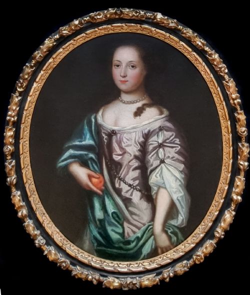 portrait of young lady holding an orange c1700 follower of jeanbaptiste van loo 16841745 antique oil on canvas painting - CATEGORY: ANTIQUE ART - DATED 17TH CENTURY