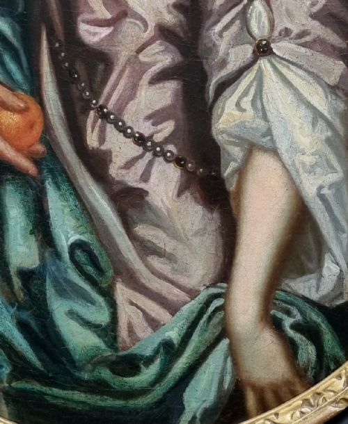 PORTRAIT OF YOUNG LADY HOLDING AN ORANGE C1700 FOLLOWER OF JEANBAPTISTE VAN LOO 16841745 ANTIQUE OIL ON CANVAS PAINTING - ADDITIONAL PHOTO 7