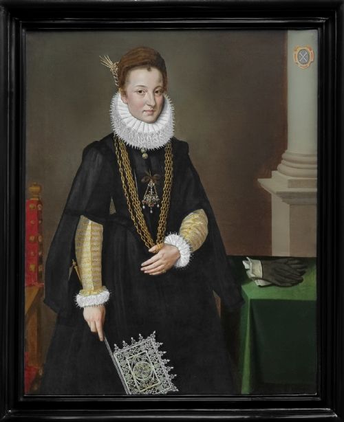 portrait of a lady holding a venetian lace fan c1595 circle of frans pourbus ii 15691622 antique oil on canvas painting - CATEGORY: ANTIQUE ART - DATED 17TH CENTURY