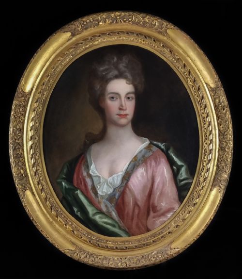 portrait of a lady in a pink silk dress c1695 circle of sir godfrey kneller 16461723 antique oil on canvas painting - CATEGORY: ANTIQUE ART - DATED 17TH CENTURY