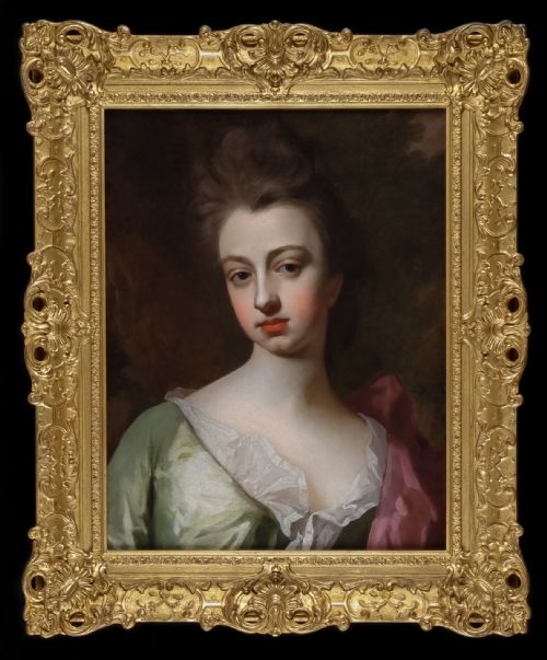 portrait of sarah churchill duchess of marlborough in a green dress and pink mantle c1690s by michael dahl 16591743 antique oil on canvas painting - CATEGORY: ANTIQUE ART - DATED 17TH CENTURY