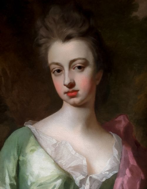 PORTRAIT OF SARAH CHURCHILL DUCHESS OF MARLBOROUGH IN A GREEN DRESS AND PINK MANTLE C1690S BY MICHAEL DAHL 16591743 ANTIQUE OIL ON CANVAS PAINTING - ADDITIONAL PHOTO 2