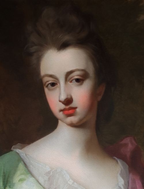 PORTRAIT OF SARAH CHURCHILL DUCHESS OF MARLBOROUGH IN A GREEN DRESS AND PINK MANTLE C1690S BY MICHAEL DAHL 16591743 ANTIQUE OIL ON CANVAS PAINTING - ADDITIONAL PHOTO 3