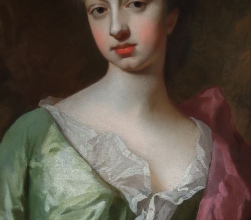 PORTRAIT OF SARAH CHURCHILL DUCHESS OF MARLBOROUGH IN A GREEN DRESS AND PINK MANTLE C1690S BY MICHAEL DAHL 16591743 ANTIQUE OIL ON CANVAS PAINTING - ADDITIONAL PHOTO 4