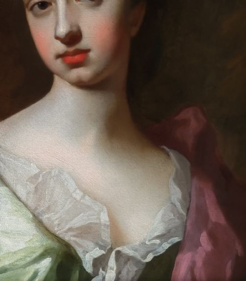PORTRAIT OF SARAH CHURCHILL DUCHESS OF MARLBOROUGH IN A GREEN DRESS AND PINK MANTLE C1690S BY MICHAEL DAHL 16591743 ANTIQUE OIL ON CANVAS PAINTING - ADDITIONAL PHOTO 5