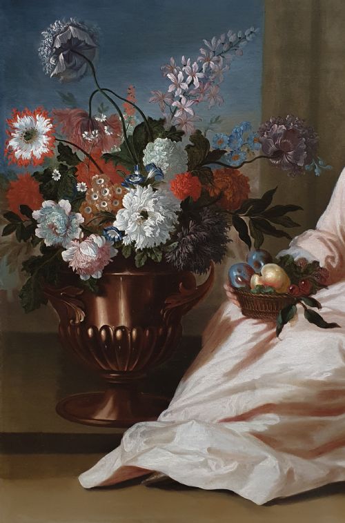 PORTRAIT OF A LADY WITH A VASE OF FLOWERS SIGNED DATED 1714 BY LONDON ARTIST RUDOLPHUS SCHMUTZ 1670C1715 ANTIQUE OIL ON CANVAS PAINTING RARE SIGNED WORK - ADDITIONAL PHOTO 5
