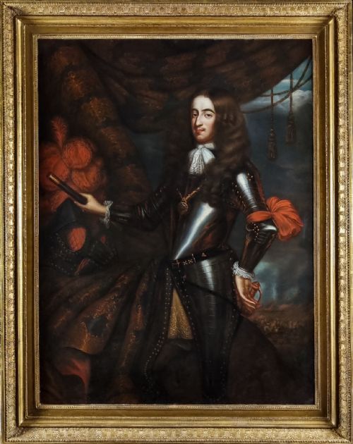 portrait of king william iii in armour with a battle in the distance c1680 circle of jan de baen 16331702 oil on canvas painting - CATEGORY: ANTIQUE ART - DATED 17TH CENTURY