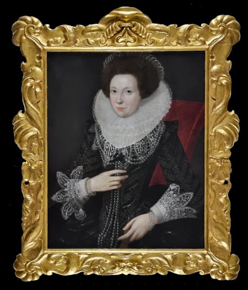 portrait of a lady in an elaborate black costume with ruff and pearls c1615 circle of robert peake the elder c15511619 oil on panel painting - CATEGORY: ANTIQUE ART - DATED 17TH CENTURY
