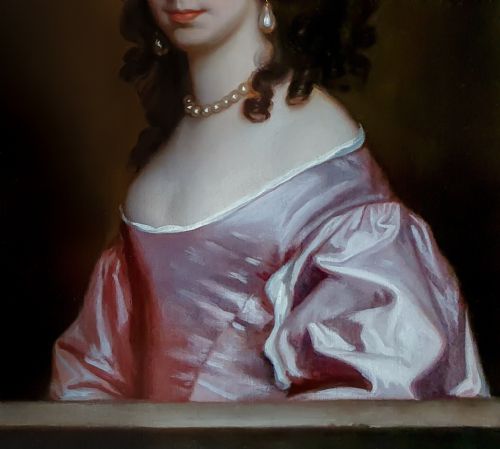 PORTRAIT OF A LADY IN A MAUVE DRESS C1660 CIRCLE OF PETER LELY 16181680 MANOR HOUSE PROVENANCE ANTIQUE OIL ON CANVAS PAINTING - ADDITIONAL PHOTO 9