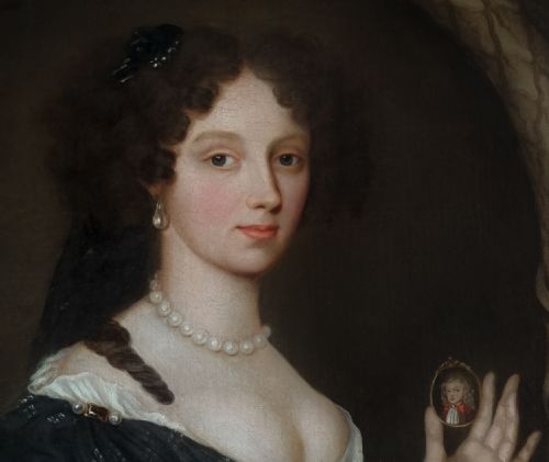 C1680 PORTRAIT OF A LADY HOLDING A PORTRAIT MINIATURE OF A BOY CIRCLE OF JOHN MICHAEL WRIGHT 16171694 ANTIQUE OIL ON CANVAS PAINTING - ADDITIONAL PHOTO 4