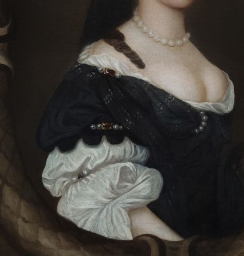 C1680 PORTRAIT OF A LADY HOLDING A PORTRAIT MINIATURE OF A BOY CIRCLE OF JOHN MICHAEL WRIGHT 16171694 ANTIQUE OIL ON CANVAS PAINTING - ADDITIONAL PHOTO 6