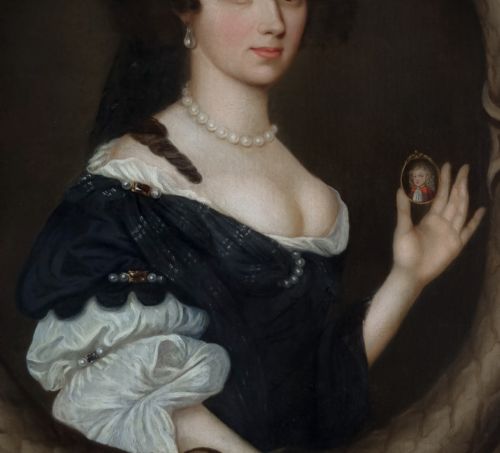 C1680 PORTRAIT OF A LADY HOLDING A PORTRAIT MINIATURE OF A BOY CIRCLE OF JOHN MICHAEL WRIGHT 16171694 ANTIQUE OIL ON CANVAS PAINTING - ADDITIONAL PHOTO 7