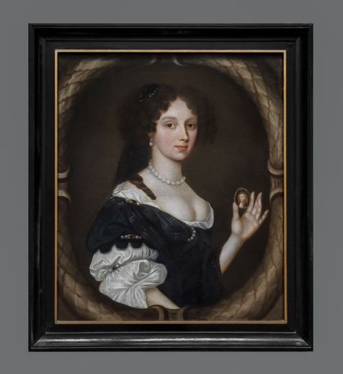 c1680 portrait of a lady holding a portrait miniature of a boy circle of john michael wright 16171694 antique oil on canvas painting - CATEGORY: ANTIQUE ART - DATED 17TH CENTURY