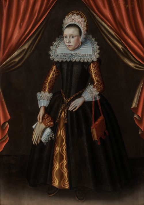 PORTRAIT OF A NOBLE GIRL AGED 9 IN A BLACK DRESS LACE RUFF CUFFS DATED 1619 CIRCLE OF CORNELIS VAN DER VOORT 1576 1624 OIL ON CRADLED PANEL PAINTING - ADDITIONAL PHOTO 2