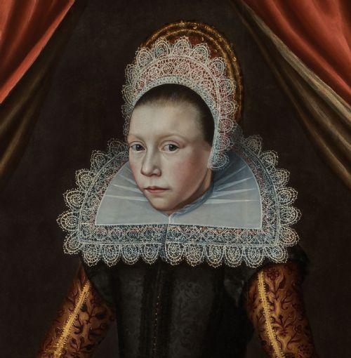 PORTRAIT OF A NOBLE GIRL AGED 9 IN A BLACK DRESS LACE RUFF CUFFS DATED 1619 CIRCLE OF CORNELIS VAN DER VOORT 1576 1624 OIL ON CRADLED PANEL PAINTING - ADDITIONAL PHOTO 4