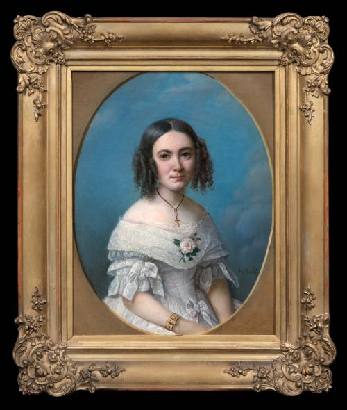 portrait of a young lady in a white dress 1840s heinrich beltz 18011869 oil on canvas painting signed - CATEGORY: ANTIQUE ART - DATED 19TH CENTURY