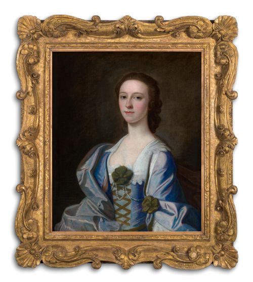 dated 1752 signed portrait of a lady in a blue and pink silk dress possibly mrs rowe by henry pickering c1720177071 oil on canvas painting - CATEGORY: ANTIQUE ART - DATED 18TH CENTURY