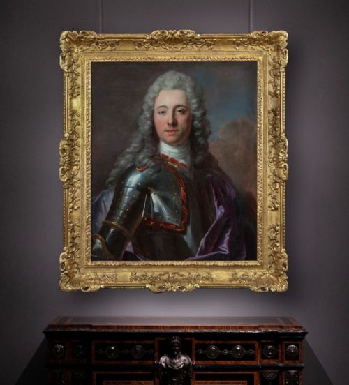 PORTRAIT OF A GENTLEMAN IN ARMOUR AND MAUVE CLOAK C1740 STUDIO OF LOUIS TOCQU 16961772 ANTIQUE OIL ON CANVAS PAINTING - ADDITIONAL PHOTO 1