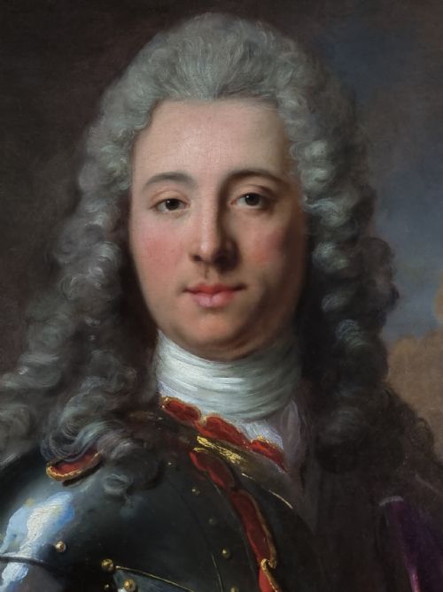 PORTRAIT OF A GENTLEMAN IN ARMOUR AND MAUVE CLOAK C1740 STUDIO OF LOUIS TOCQU 16961772 ANTIQUE OIL ON CANVAS PAINTING - ADDITIONAL PHOTO 3