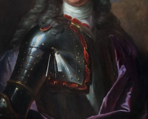 PORTRAIT OF A GENTLEMAN IN ARMOUR AND MAUVE CLOAK C1740 STUDIO OF LOUIS TOCQU 16961772 ANTIQUE OIL ON CANVAS PAINTING - ADDITIONAL PHOTO 6