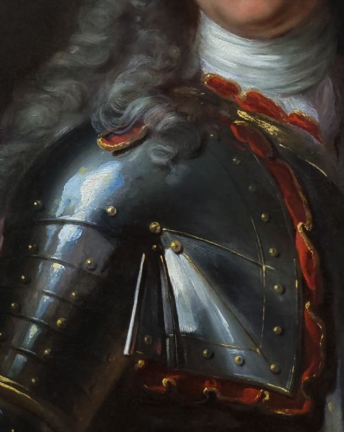 PORTRAIT OF A GENTLEMAN IN ARMOUR AND MAUVE CLOAK C1740 STUDIO OF LOUIS TOCQU 16961772 ANTIQUE OIL ON CANVAS PAINTING - ADDITIONAL PHOTO 7